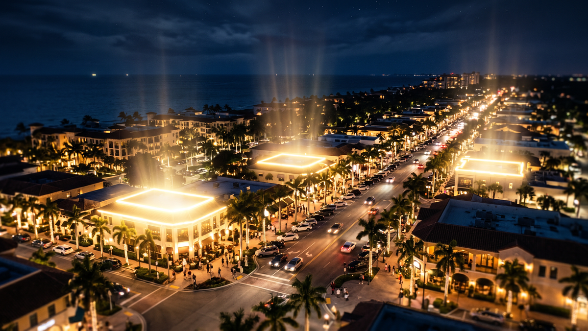 Aerial view of a busy waterfront district in Naples, Florida at night with restaurants, traffic, and coastal skyline.