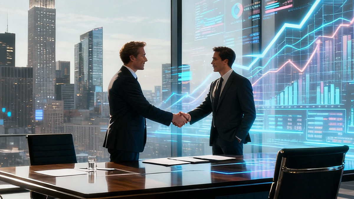 two business men shaking hands in front of a city window